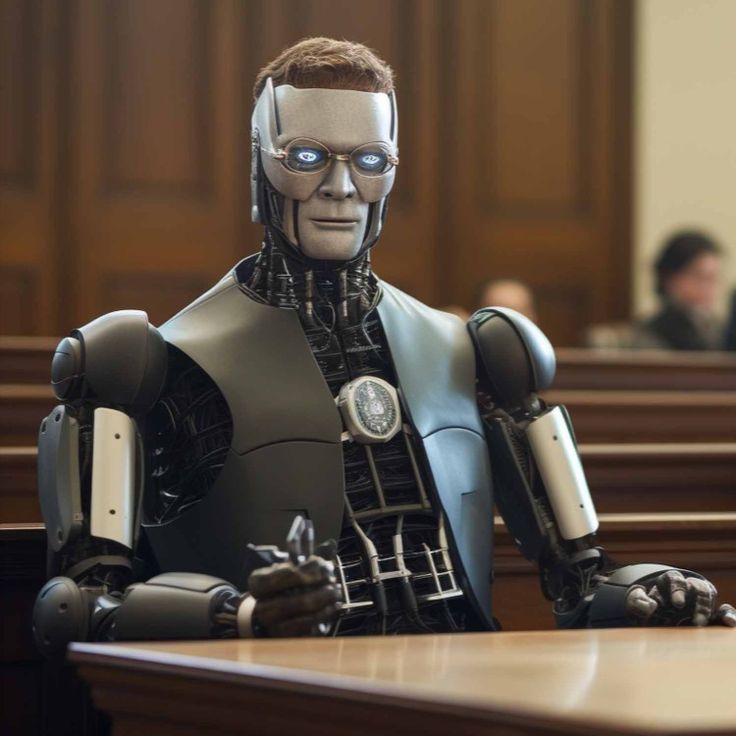 AI robot lawyer sitting in courtroom representing artificial intelligence in legal proceedings, future of legal tech, and robot attorneys