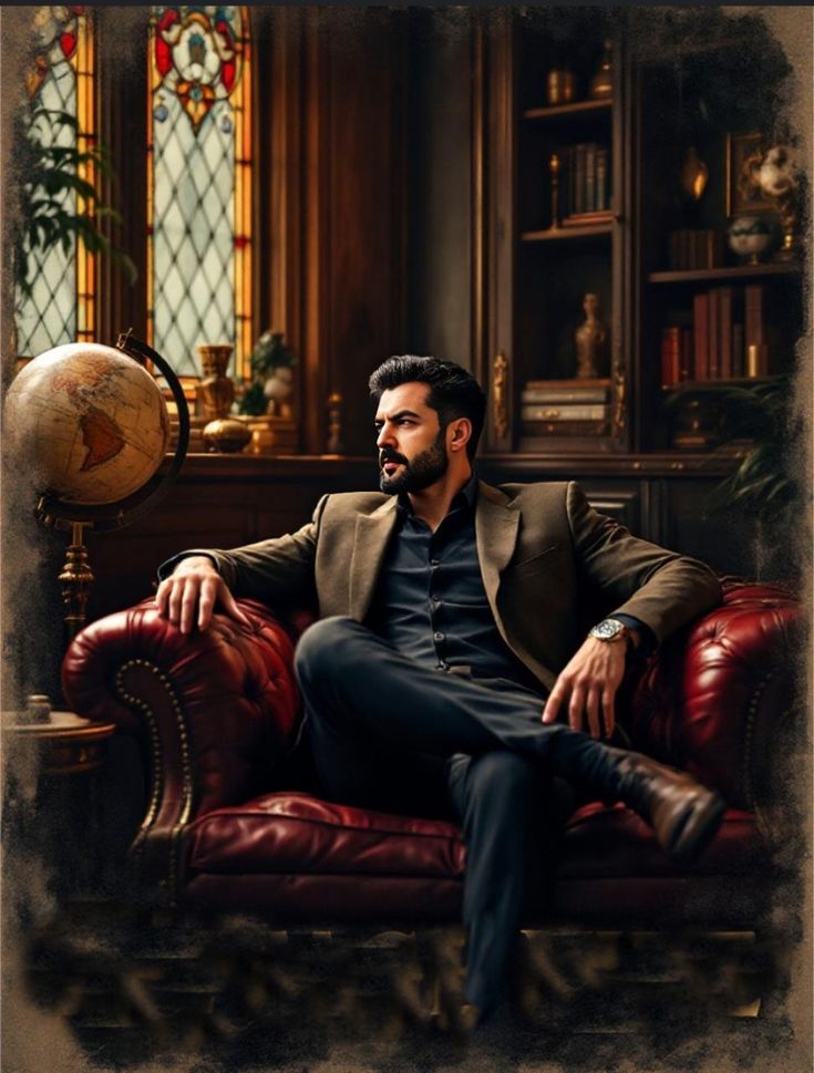 A man in a brown suit sits on a red leather couch in an elegant study with stained glass windows, a globe, and bookshelves in the background.