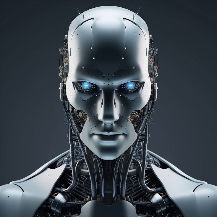 
The image depicts a highly detailed, futuristic robot with a sleek, metallic design. The robot features a smooth, silver head with intricate wiring and glowing blue eyes, giving it a lifelike yet advanced appearance. Its upper body showcases exposed mechanical components and cables, highlighting its complex engineering. The background is a dark, neutral setting, emphasizing the robot's cutting-edge design.