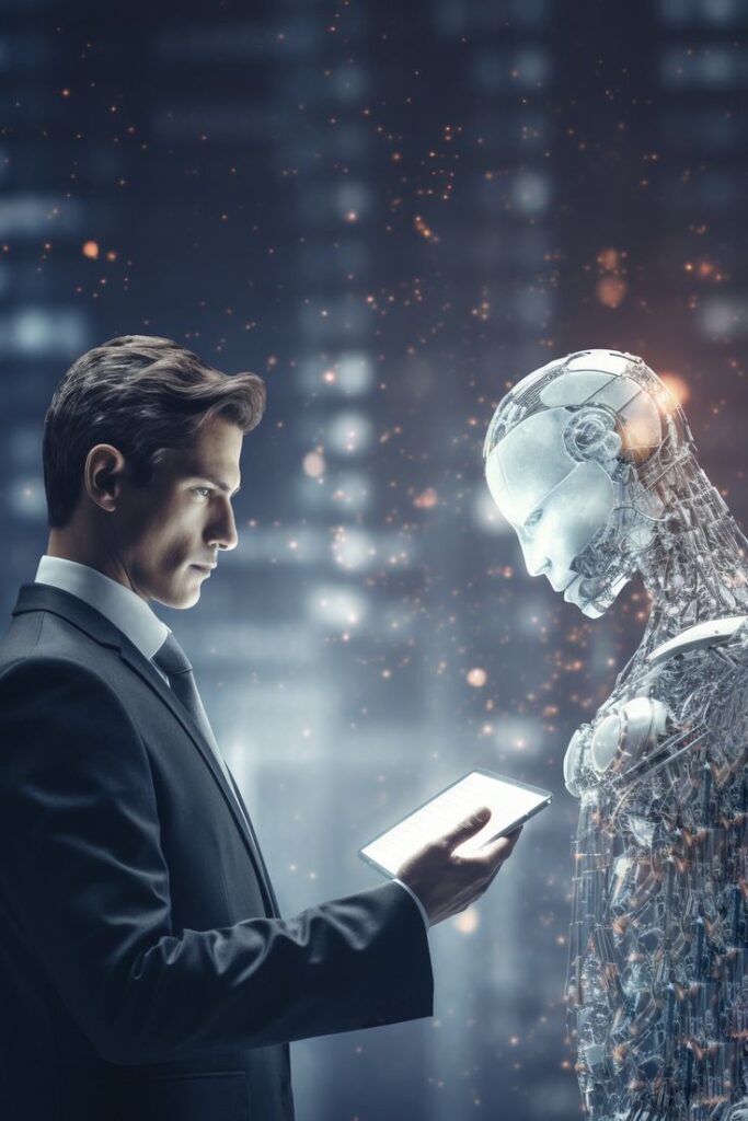 Businessman and AI robot handshake in modern office – collaboration between artificial intelligence and corporate leadership with city skyline background
