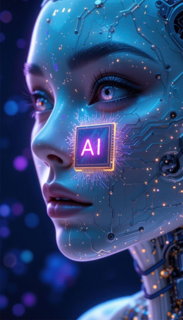 "Close-up of female humanoid AI face with glowing circuit board design and neon AI chip on cheek in a futuristic digital setting"