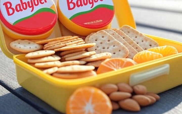 Lunchbox with Mini Babybel cheese, whole‑grain crackers, almonds, and clementine wedges for a balanced snack.”
