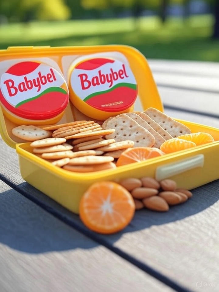 Lunchbox with Mini Babybel cheese, whole‑grain crackers, almonds, and clementine wedges for a balanced snack.”