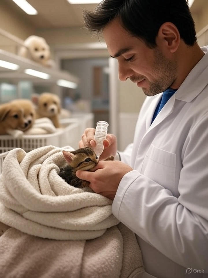 Veterinarian bottle-feeding orphaned kitten with other rescued pets without parents in animal care facility"