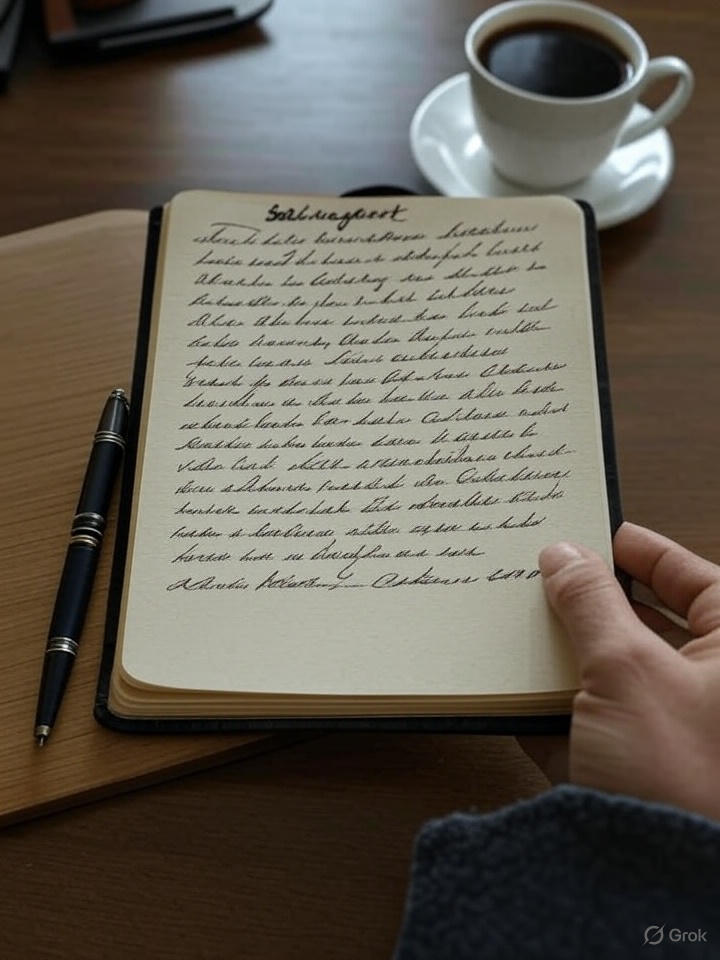 “Open travel journal showing handwritten ‘solivagant’ entry beside pen and coffee.”