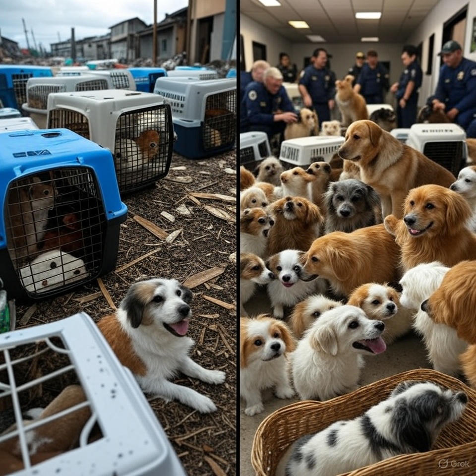 Before and after comparison of abandoned pets rescued from natural disaster showing crisis and recovery"