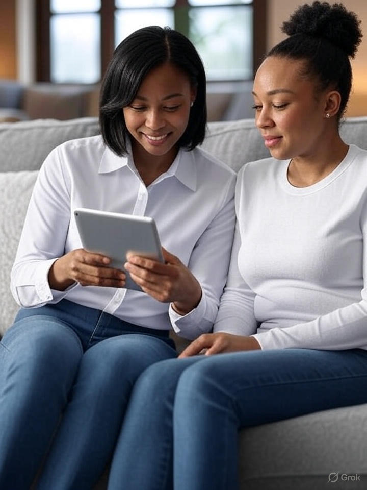 A professional health visitor in a white uniform holding a digital tablet conducts a virtual consultation with a young mother holding a baby, in a modern home setting with warm lighting and a professional medical atmosphere."