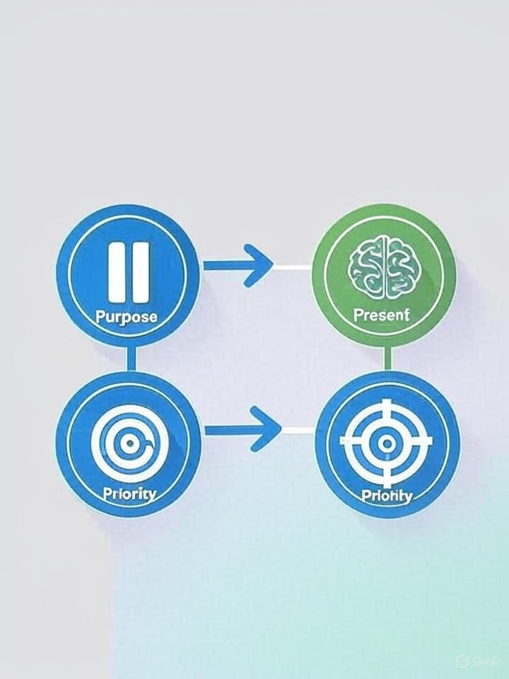 "Digital pause protocol infographic showing three mindfulness steps: purpose, present, and priority for students"
