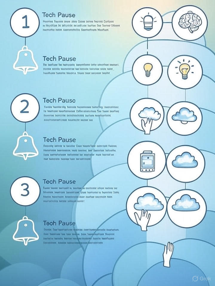 Tech pause technique infographic showing 5 steps for mindful technology integration in classrooms"