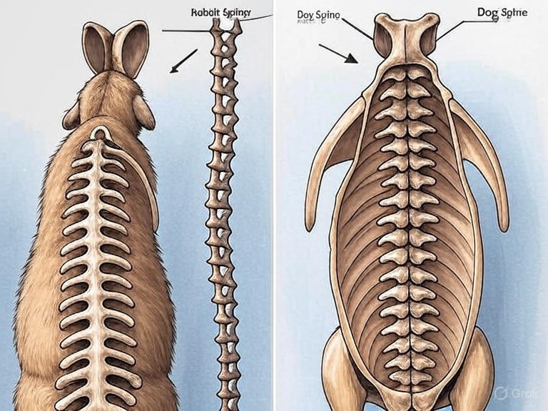 Comparison of rabbit fragile spine structure versus dog spine showing hollow bones and anatomical differences"