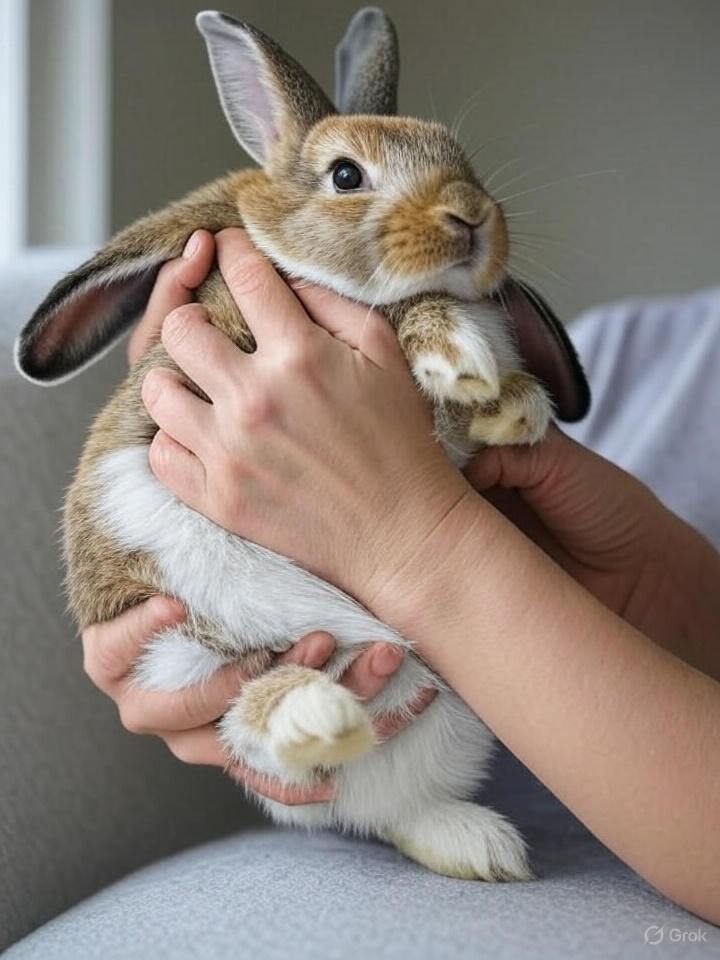 Proper rabbit handling technique showing hands supporting chest and hindquarters for fragile spine protection