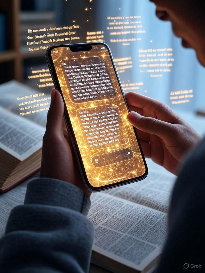 AI Bible study chatbot interface on smartphone with biblical verses and digital scripture analysis tools"