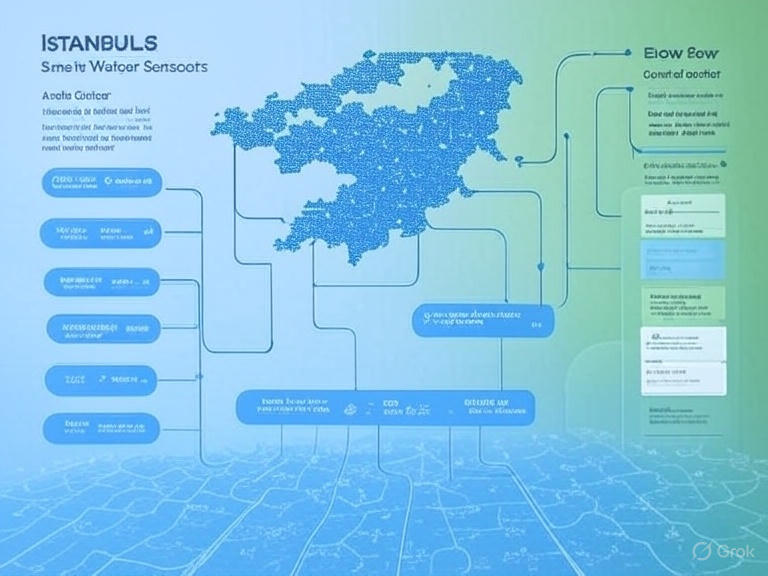 Istanbul smart water IoT sensor network infographic showing 12,000 sensors monitoring water quality and distribution across the city