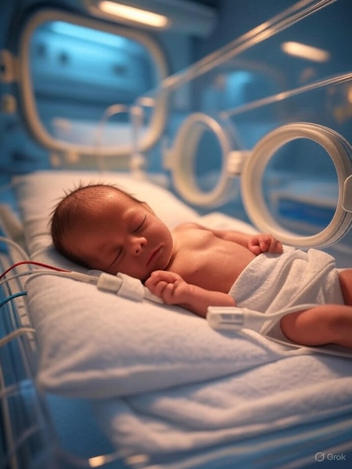 Premature baby receiving care in NICU incubator with medical monitoring equipment"