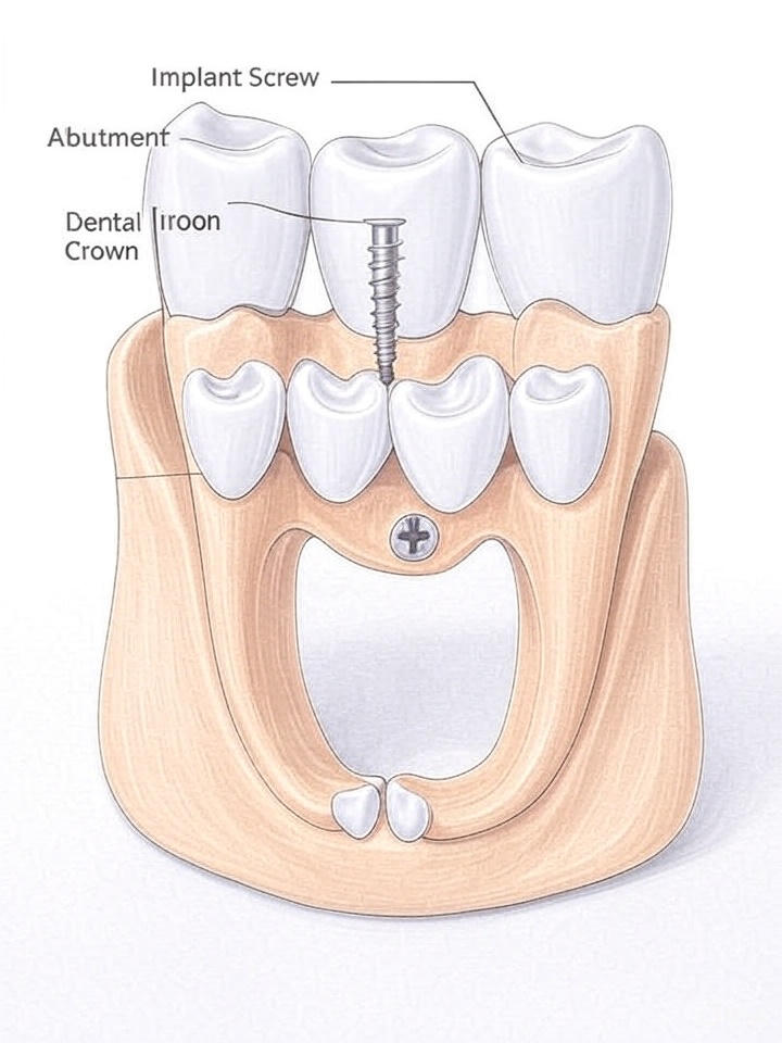 Detailed anatomy diagram of dental implant showing crown, abutment, and titanium implant in jawbone"