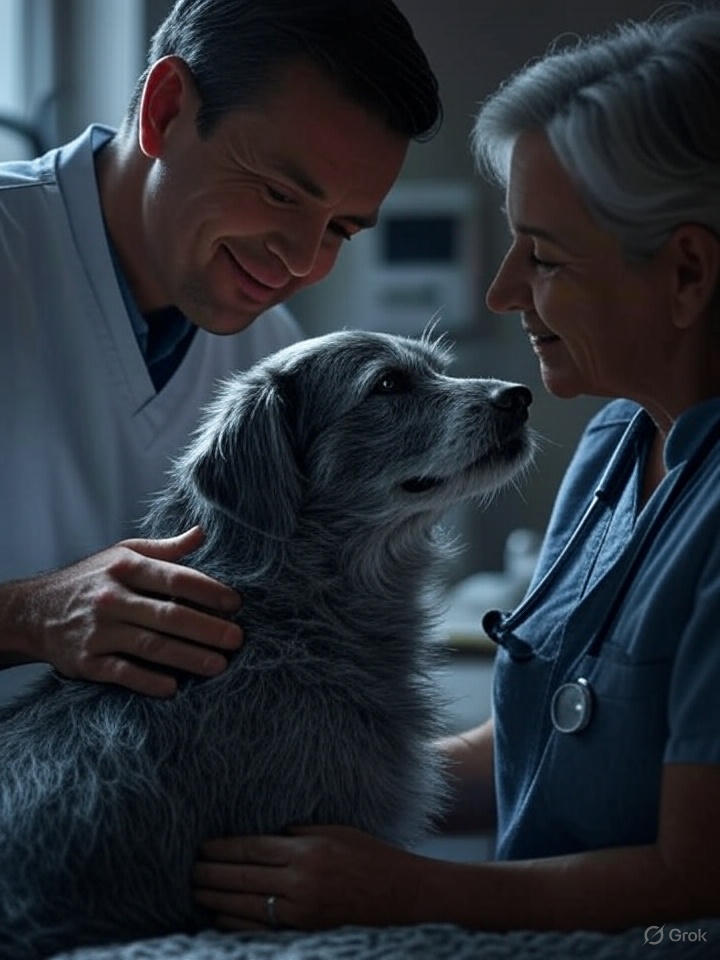 Veterinarian examining senior dog with owner's supportive hand present, representing compassionate end-of-life care decisions"