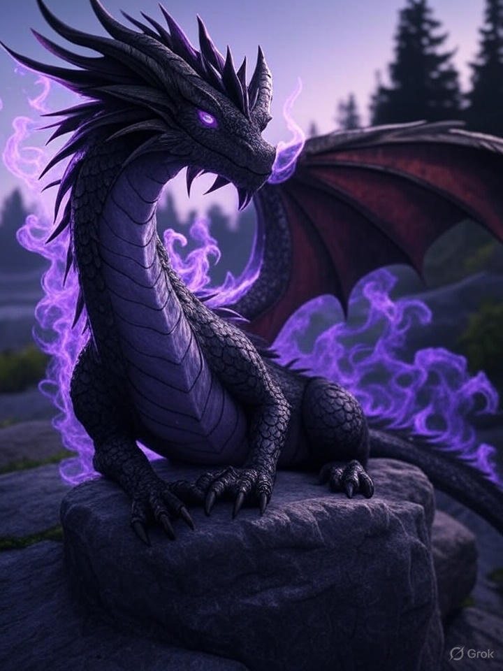 Close-up view of Shadow Dragon showing detailed dark scales and glowing purple eyes in Adopt Me"