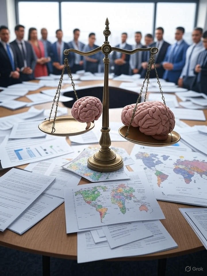 "AI ethics and governance concept showing balance between artificial intelligence innovation and human values"