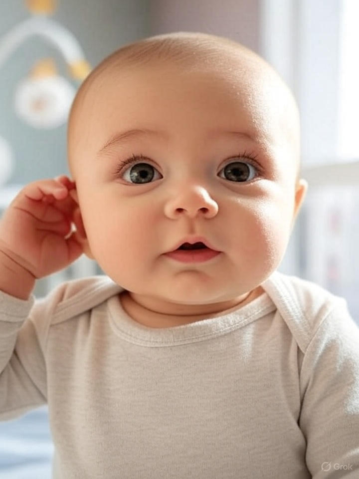Baby exploring ears as normal development - infant body discovery milestone"
