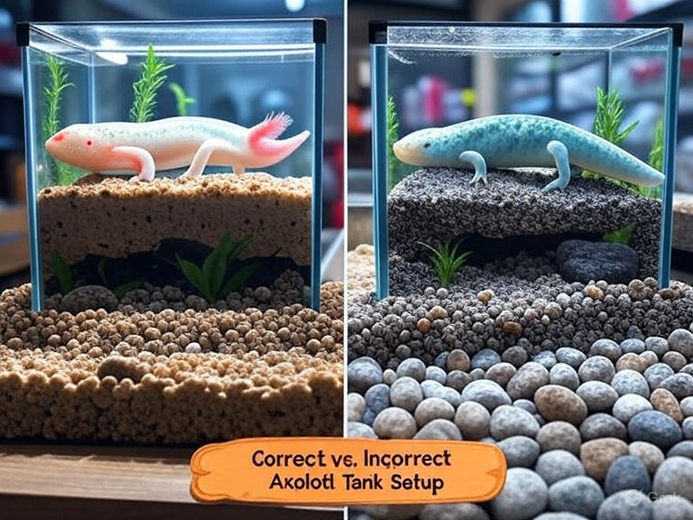 Proper axolotl tank size requirements showing minimum 20-gallon setup versus inadequate small tank for axolotl care"