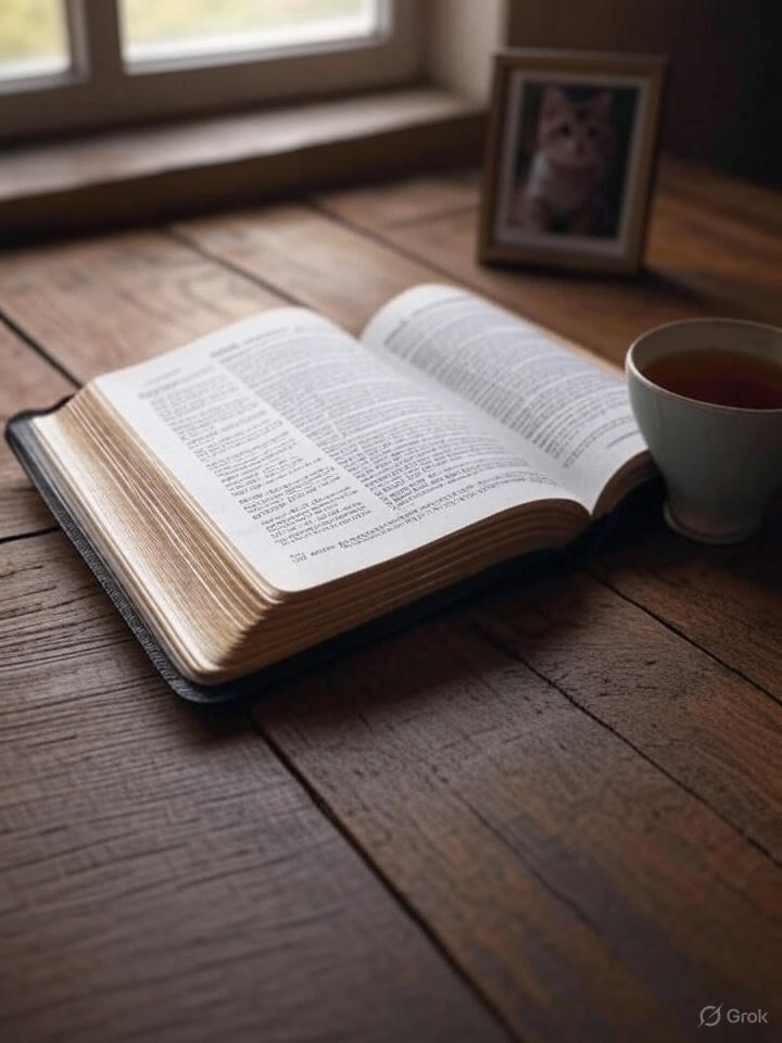 Open Bible showing Psalm 104 about God's care for all creatures, offering Christian comfort for pet loss grief