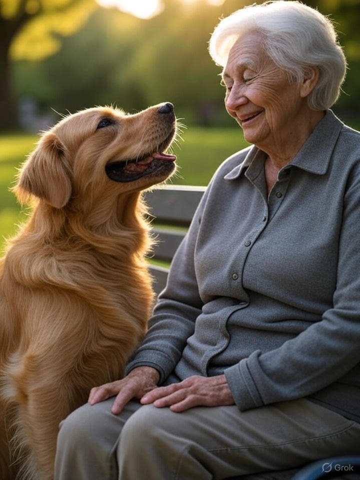 Elderly person and golden retriever sitting together on park bench, showing the deep emotional bond between humans and their pets