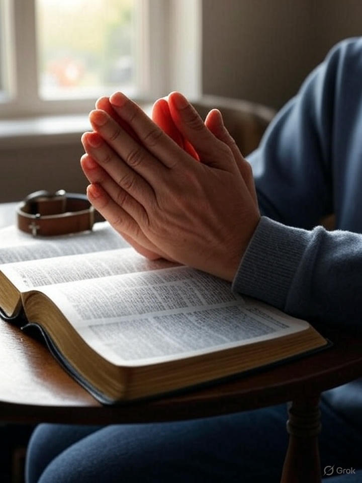 Christian prayer for pet loss grief comfort, with Bible and pet memorial items in peaceful setting