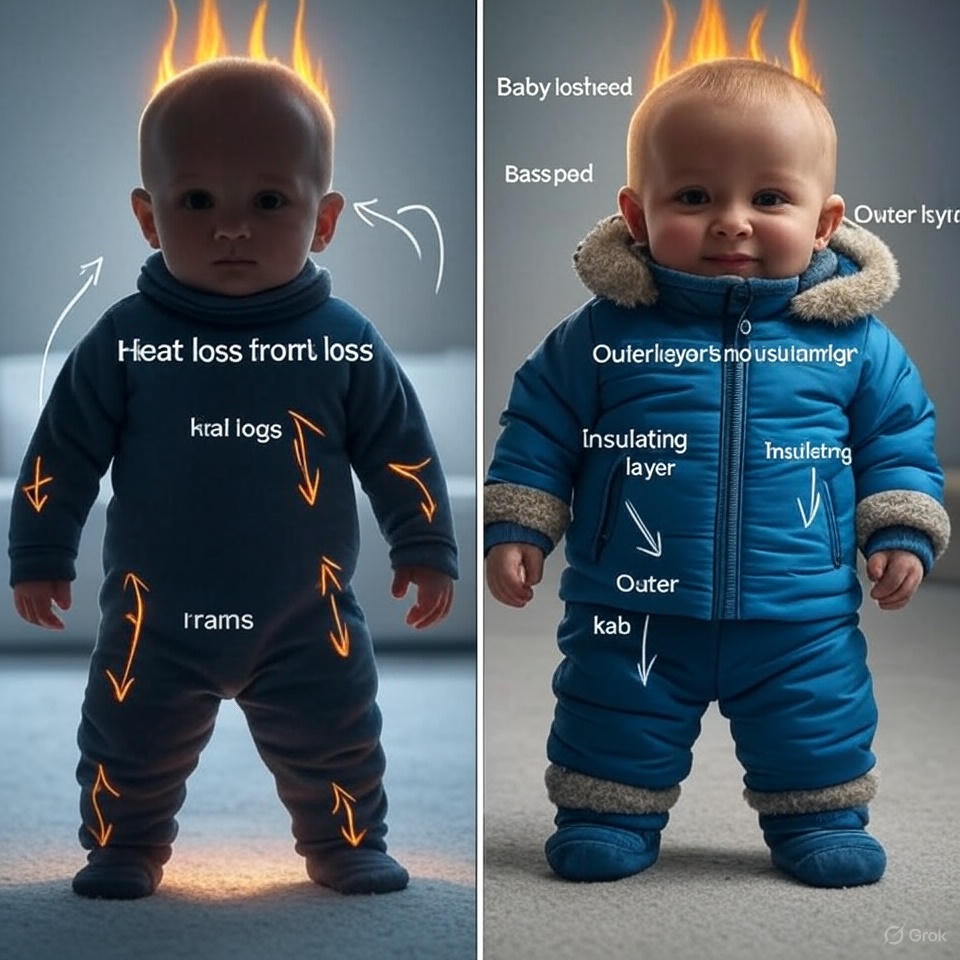 Diagram illustrating baby heat loss patterns and proper layering technique for temperature regulation