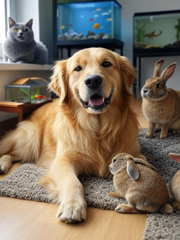 A bright home setting featuring a dog, cat, rabbit, bird, fish tank, and reptile, showcasing the variety of pet options available for different lifestyles