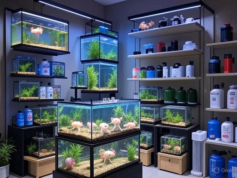 "Specialty reptile store display featuring axolotl tank kits and bio-active aquarium equipment from retailers like Blackpool Reptiles"