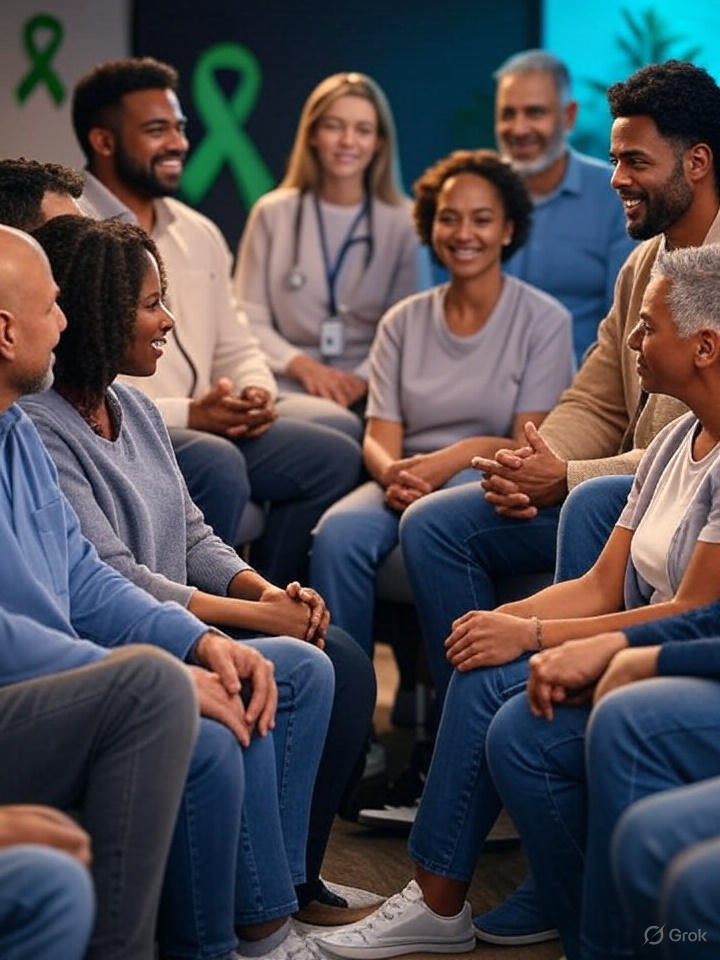 Diverse group of people participating in a mental health support session in the UK, representing the 12.7% of population affected by mental health conditions"