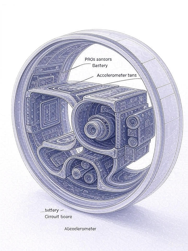 "Technical diagram showing internal components of a health ring including PPG sensors, accelerometer, and battery systems"
