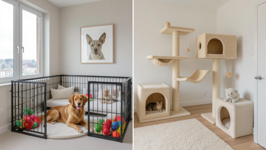 Comparison of dog-friendly and cat-friendly indoor living spaces showcasing specialized furniture and accessories for optimal pet comfort"
