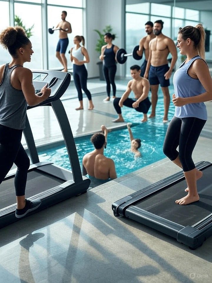 "Diverse group of people exercising in a modern gym, showing various physical activities including running, yoga, weightlifting, and swimming"