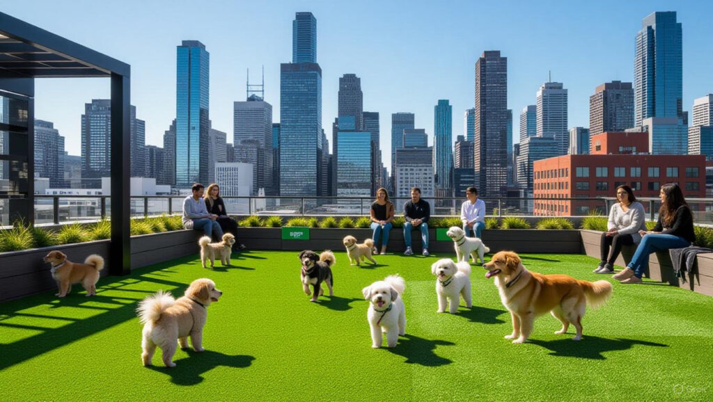  "Urban rooftop dog park with city skyline backdrop, showing how modern cities accommodate pets in high-density living areas"