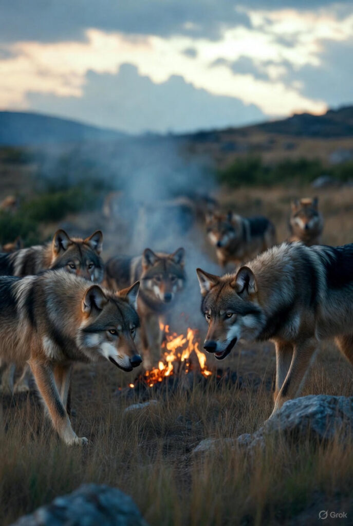 "Historical illustration of wolf domestication process showing ancient wolves near human settlement"